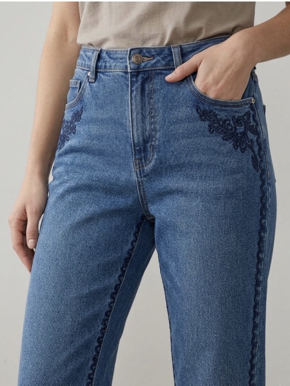 Talbots Straight Leg Jean Boho Western Blue Wash Side Corded Embroidery Waist 10